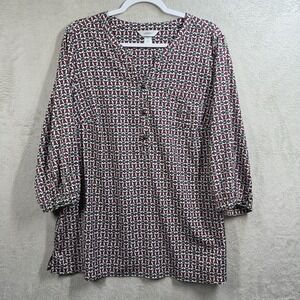 CJ Banks Women's 1X Blouse Lightweight 3/4 Sleeve Printed V-neck Casual